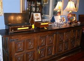 large server w/silverware drawers, vintage cylinder music box, vintage disk music box, sterling silver, Cloissone' lamp, etc.