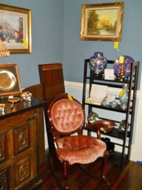 Victorian style rocker, Cloisonne'. original framed art, etc.