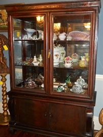 China cabinet, Fenton, Royal Albert, vintage covered butter dishes, Mary Gregory bell, cut to clear bell, etc.