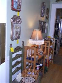 plaques, rush bottom chair, etc.