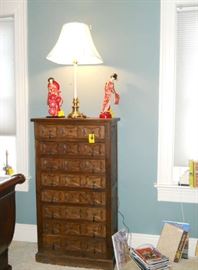 lingerie chest, brass lamp, Oriental dolls, etc.