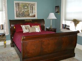 Henkel Harris sleigh bed. framed art, end table, brass lamp, etc.