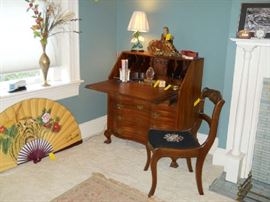 mahogany slant front desk, rose back needlepoint chair, etc.
