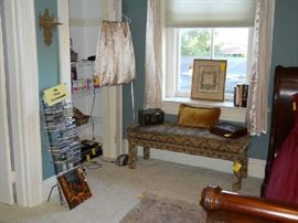 upholstered long bench, DVD's, electronics, etc.