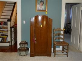 small Art Deco armoire, rush bottom chair, stacking containers, etc.