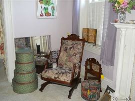 Eastlake platform rocker, stacking boxes, dresser mirror, etc.