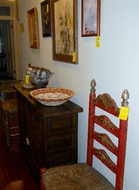 rush bottom chairs, small server, framed art, etc.