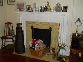 vintage chair, stacking boxes, stuffed animals, etc.