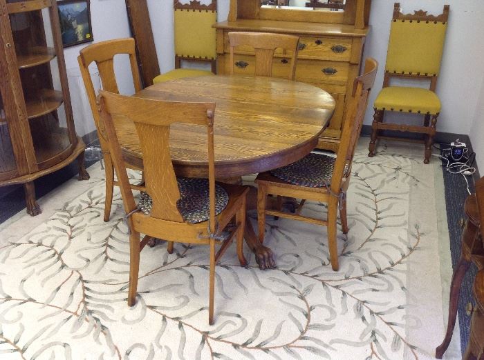 Antique Solid Oak Dining Table w/ Three Leaves and Four Solid Oak Dining Side Chairs