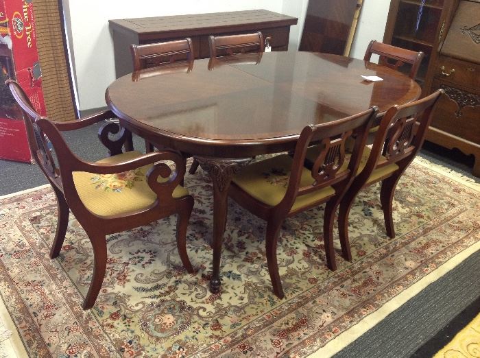 Oval Mahogany Dining Table w/ Two Leaves, One Dining Needlepoint Seat Arm Chair and Five Dining Needlepoint Seat Side Chairs