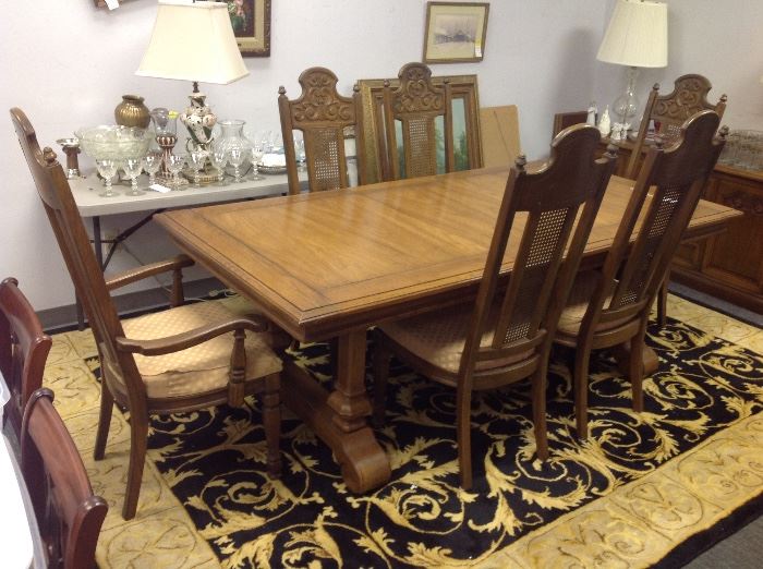 Mediterranean Style Dining Table w/ One Leaf, Table Pads, Two Mediterranean Style Dining Arm Chairs and Four Mediterranean Style Dining Side Chairs