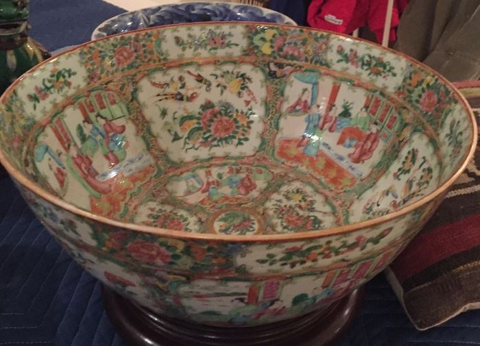 Antique Chinese porcelain punch bowl, in the "rose medallion" pattern.
