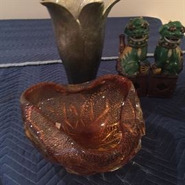 Large Venetian hand blown art glass bowl, Michael Aram vase, and a pair of Chinese pottery foo dogs.