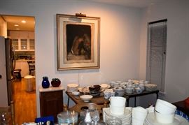  Framed artwork, porcelain, glassware.