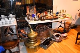  Decorative items, frames, African & Chinese pieces, books.