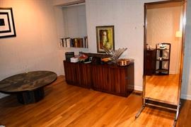  Laverne bronze table, pair of 1960s chests, store fixture mirror, books, framed artwork.