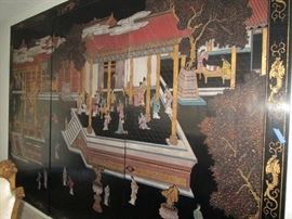 3 panel room size Asian screen. Currently used as wall art, but hinges are in place to return it to use as a screen.