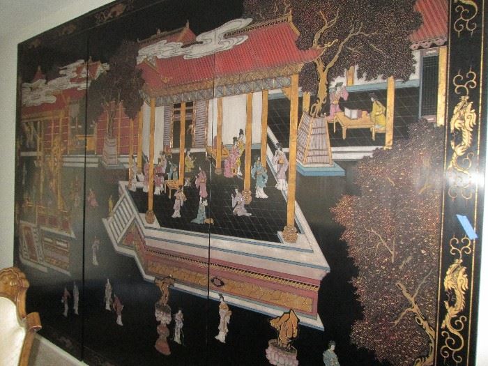 3 panel room size Asian screen.  Currently used as wall art, but hinges are in place to return it to use as a screen.