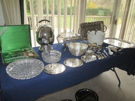 Large cut glass serving platter, chrome samovar and silver plate serving ware