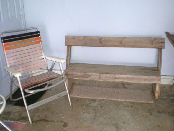 Folding chair and wood bench.