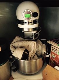 White Kitchen Aid Mixer with Attachments & Cover