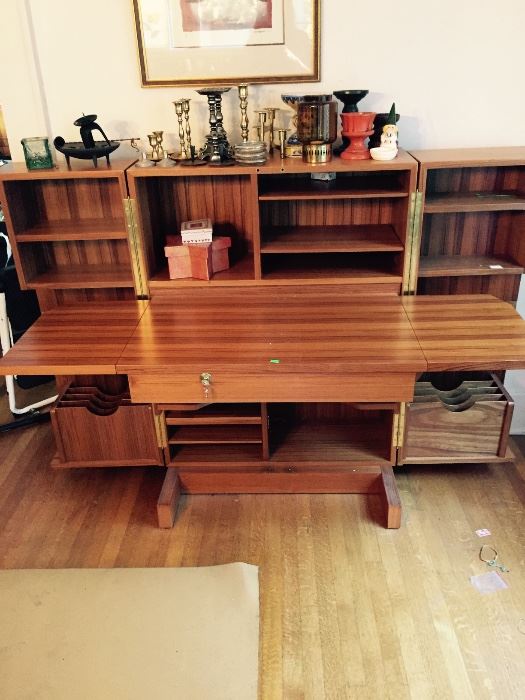 Mid Century Modern Fold Out Desk with Locking Key 