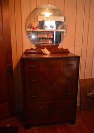 Art Deco Chest of Drawers with Circular Mirror.  Fair to Good Condition with Some Dings & Discoloring.