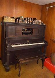 Vintage Starck Player Piano with Many Music Scrolls