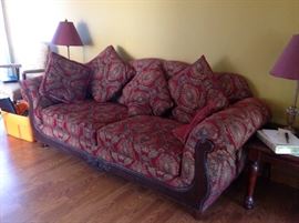 MAROON PRINT SOFA/WOOD TRIM