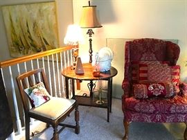 Wingback, vintage side table, lamps, turkey cookie jar.