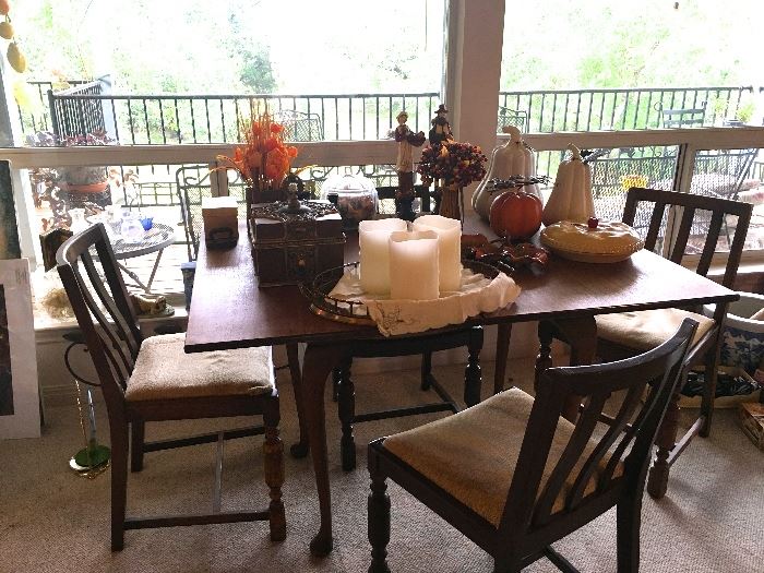 Antique table, 6 antique chairs, fall decor, candles