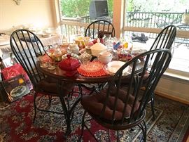 kitchen table and 4 chairs, like new, kitchen rug, vintage glassware