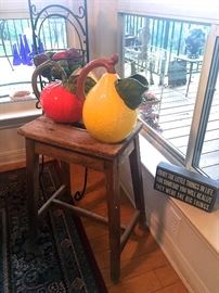 Vintage wooden stool, decor, fruit stand.