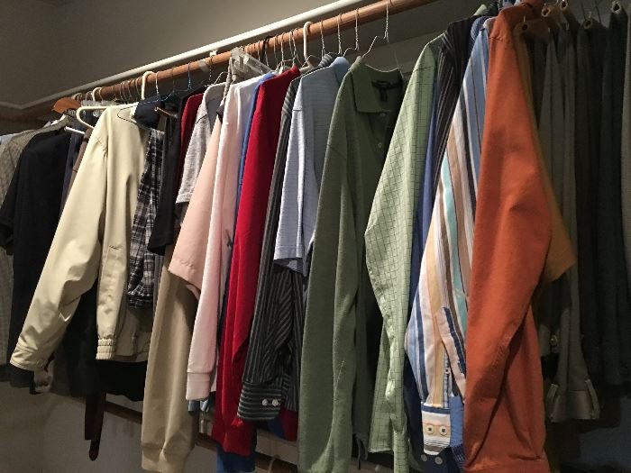 Men's clothing size large in excellent shape.  Most is straight from the dry cleaner.  UT shirts, slacks, jackets, button downs, shoes, suits, hats.