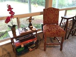 Games, side table, chair, bar stools.
