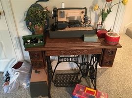 antique singer sewing machine table, vintage sewing machine, vintage sewing boxes and supplies