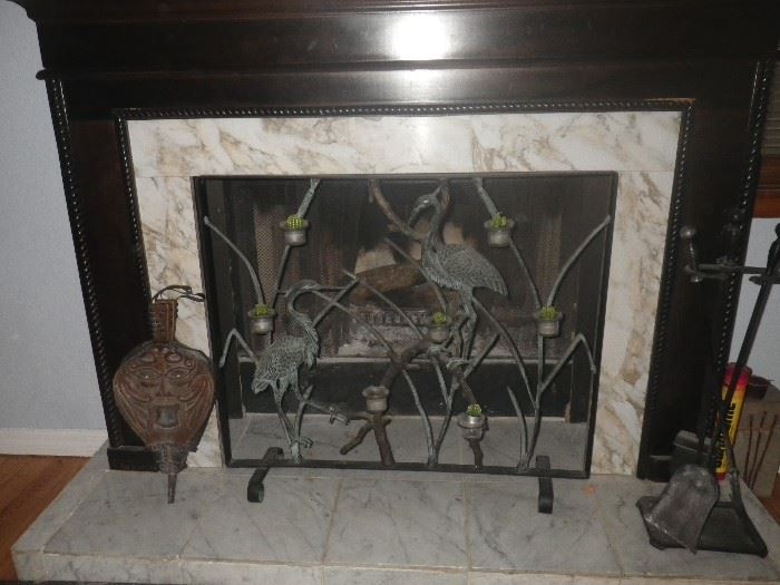 unique fireplace screen, tools, and bellows