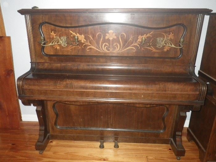 Antique English Iron Grand Piano (Whitbread & Payne (London) piano with inlaid wood and candelabra.