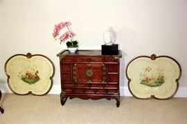 Very Nice Pair of Oriental Screen Prints, Antique Oriental cabinet