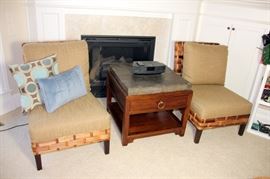 Rattan Chairs, Slate Top End Table, Bose Wave Radio