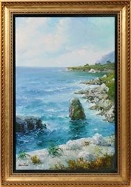 Lot#7, VALENTINE, OIL ON CANVAS, H 36", W 24", COASTAL SCENE.Depicts rocky shoreline, signed 'Valentine' lower left, gilt wood frame.