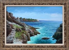 Lot#6, VALENTINE, OIL ON CANVAS, H 24", W 36", COASTAL SCENE.Depicts a rocky shore line with sailboats on the horizon. Carved wood frame. Signed lower left.