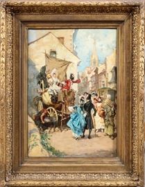 Lot#1, EDOUARD VALLET, (FR 1876 - 29) OIL ON CANVAS, H 35", W 24", STREET SCENE.Depicts a Paris street scene of a street vender selling his wares to a crowd from his wagon. Gilt wood framed. Signed lower right: "Vallet Edouart, Paris".