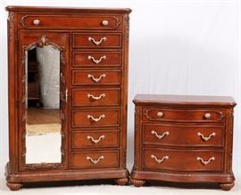 Lot#22, 'JESSICA MCCLINTOCK HOME' COLLECTION, HAND CARVED WOOD BEDROOM SUITE, 4 PCS.Romance collection. Including a Queen size bed H 74", L 66", a semainier with seven drawers and mirrored door H 64", L 44", D 20" and 2 marble top chests of drawers.