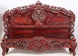Lot#24, CARVED MAHOGANY KING SIZE BED FRAME H 63", W 72", L 86.5"Having headboard, footboard, and side panels. All in carved high relief acanthus leaf and floral designs.