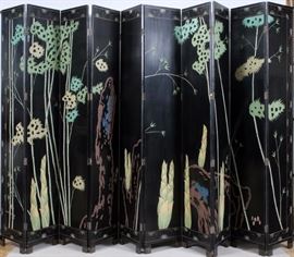 Lot#21, CHINESE TEN PANELED COROMANDEL SCREEN, H 8' 11" W 16' 6"Having a bird and floral motif overall.  Each panel measures H.8' 11" x 20". Brass caps at the feet. From the Estate of Daniel Clancy, Voltaire Place, Grosse Pointe Farms.