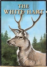 Lot#32, PETER A. DAVISON, 'CLARK'S SIGNS', TIN AND IRON PUB SIGN, "THE WHITE HART"Peter A. Davison two sided sign. Depicts a picture of stags on each side and inscribed: "The White Hart" on both sides. Signed on bottom right edge on both sides "Peter A. Davison Clarks Signs". With modern iron bracket. Riveted to bracket.
