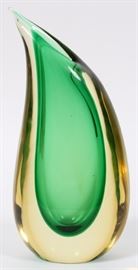 Lot#43, LUIGI ONESTO TEARDROP ART GLASS VASE, C1950, H 10"Having an amber exterior and a green interior. Signed Luigi Onesto and 'Murano Italy' on the underside.