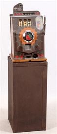 Lot#48, VINTAGE TEN CENT SLOT MACHINE, H 33", W 17", D 17"With original metal stand. Has key. In working order. Mills Novelty Company, Chicago, IL. Original tags on back.