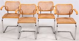 Lot#70, MARCEL BREUER CESCA, MID CENTURY MODERN, BENTWOOD AND CHROME, ARMCHAIRS, C1970, 4 PCS.Marcel Breuer Cesca mid century modern armchairs with bentwood seat and backrest frames and having woven cane on the backs and seats with bent chrome tubular frames.